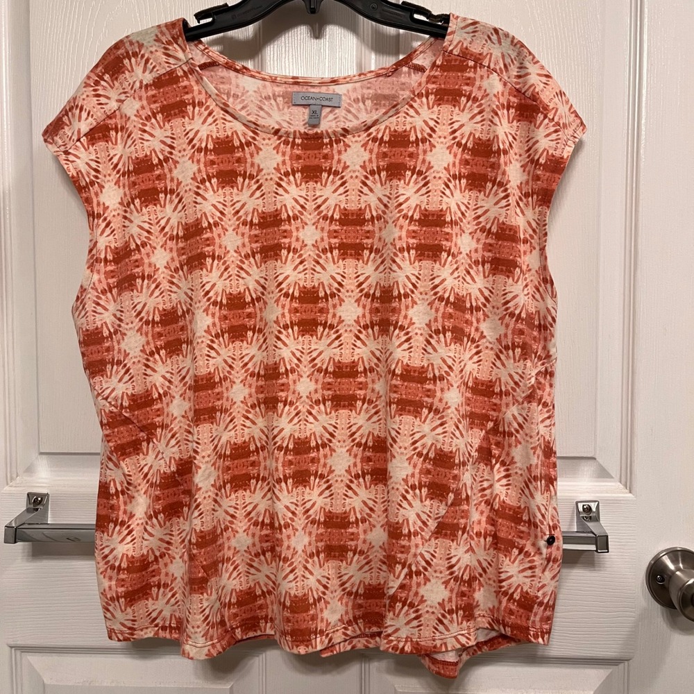 Ocean + Coast Womens XL Orange Tie Dye Short Sleeve Ruched Side Button Top